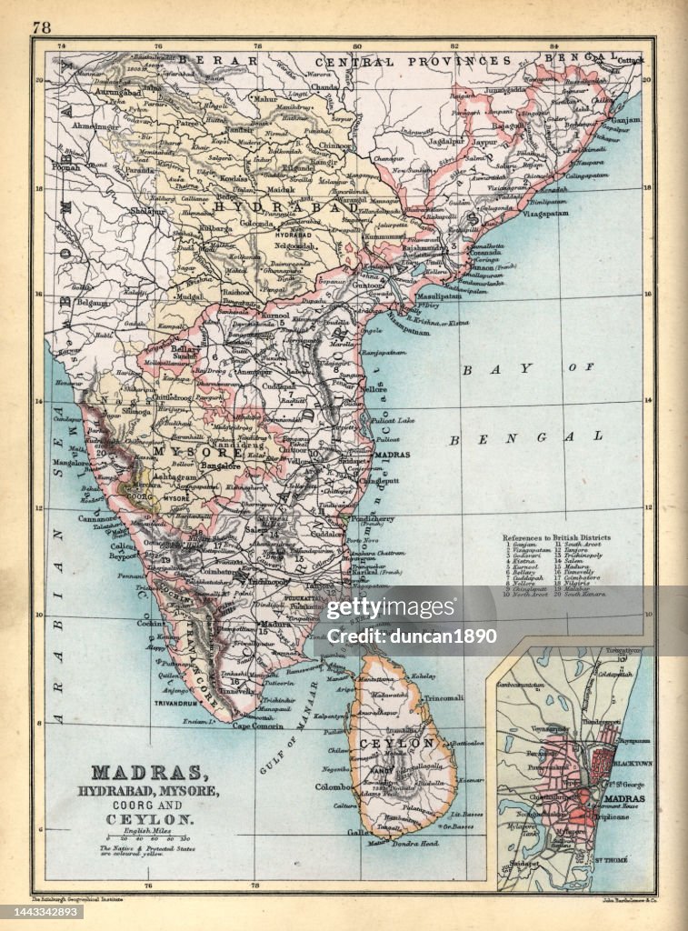 Old Antique Map Of Madras Hybrabad Mysore Coorg Ceylon India 1890s ...