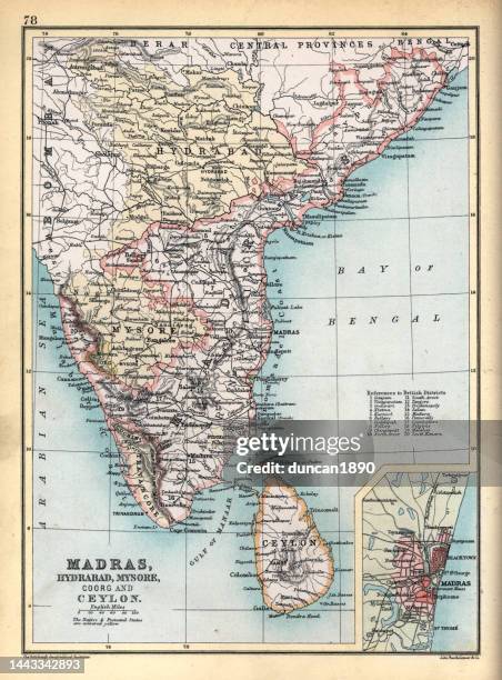 old antique map of madras, hybrabad, mysore, coorg, ceylon, india, 1890s, victorian british raj 19th century - andhra pradesh stock illustrations