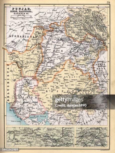 ilustraciones, imágenes clip art, dibujos animados e iconos de stock de antiguo mapa antiguo de punjab, sindh, rajputana, cachemira, década de 1890, siglo 19 victoriano - panyab pakistán
