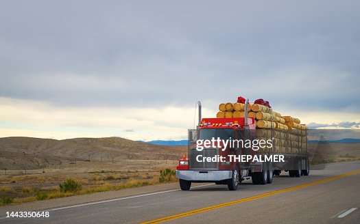 Red  semi transporting wood timber in Utah, USA
