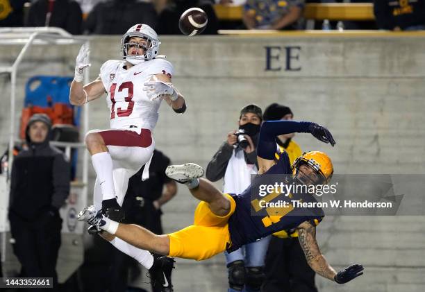 Ethan Bonner of the Stanford Cardinal breaks up the pass to Monroe Young of the California Golden Bears during the third quarter of an NCAA football...