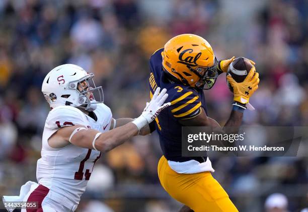 Jeremiah Hunter of the California Golden Bears catches a pass over Ethan Bonner of the Stanford Cardinal during the first quarter at California...