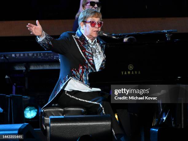 Elton John performs at Dodger Stadium on November 20, 2022 in Los Angeles, California.