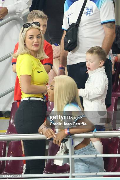 Megan Davison, wife of England goalkeeper Jordan Pickford, celebrates following the FIFA World Cup Qatar 2022 Group B match between England and IR...