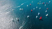 Aerial view of sailing race, international sailing race, sailing race in the Bosphorus, water sports competition, global competitions, summer sports events, summer events, grand tournament, aerial view of boats in the Bosphorus