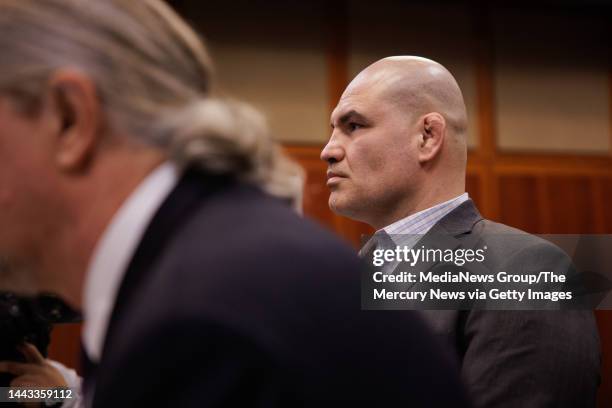 Cain Velasquez, right, appears for his arraignment with attorney Edward Sousa, who appeared with him, at the Santa Clara County Hall of Justice on...