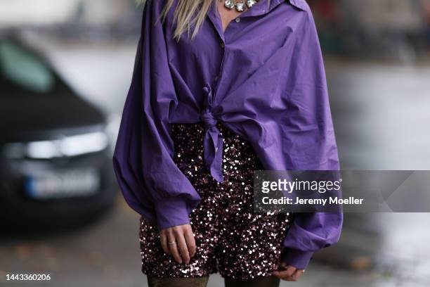 Vanessa Giers seen wearing SoSUE dark purple Antonia blouse, Zara glitter shiny shorts, Zara silver heels, Zaraon sparkling shiny tights November 17,...