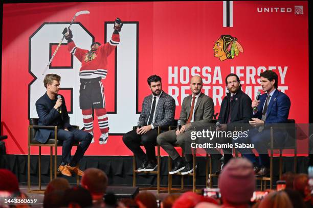 Former Chicago Blackhawks players Brent Seabrook Niklas Hjalmarsson, Duncan Keith and Patrick Sharp share stories about Marian Hossa before the...