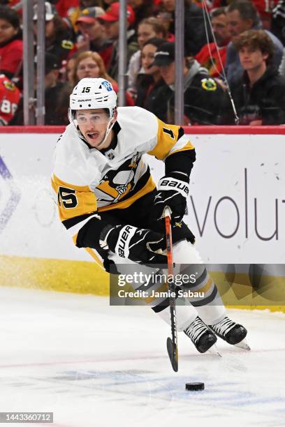 Josh Archibald of the Pittsburgh Penguins skates against the Chicago Blackhawks on November 20, 2022 at United Center in Chicago, Illinois.