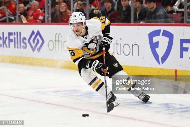 Josh Archibald of the Pittsburgh Penguins skates against the Chicago Blackhawks on November 20, 2022 at United Center in Chicago, Illinois.