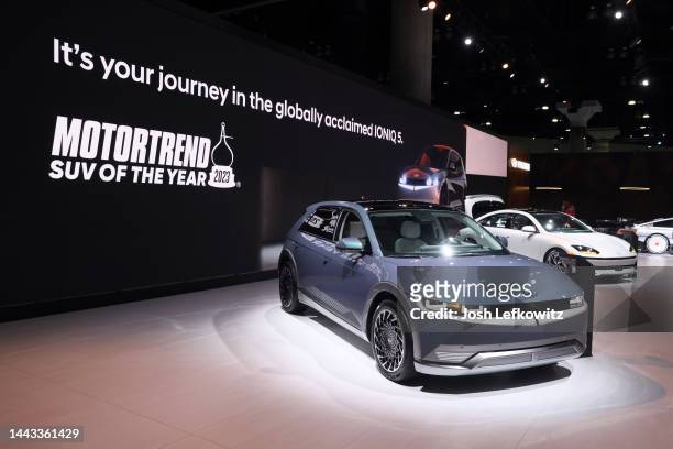MotorTrend's SUV of the Year, the 2023 Hyundai Ioniq 5 is on display at the 2022 Los Angeles Car Show on November 18, 2022 in Los Angeles, California.