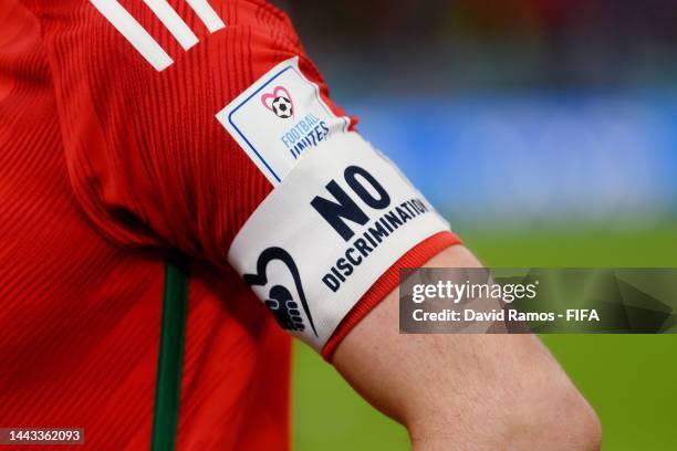 Detail of the No Discrimination captain's armband of Gareth Bale of Wales during the FIFA World Cup Qatar 2022 Group B match between USA and Wales at...