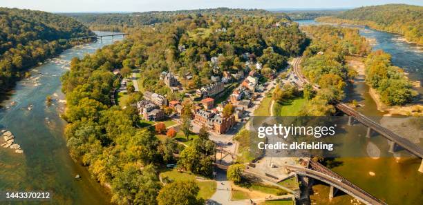 aerial view of harpers ferry west virginia and potomac river - wv stock pictures, royalty-free photos & images