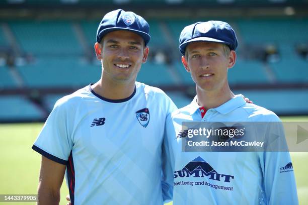 Chris Green and Toby Gray of New South Wales after receiving their players cap ahead of the Sheffield Shield match between New South Wales and...