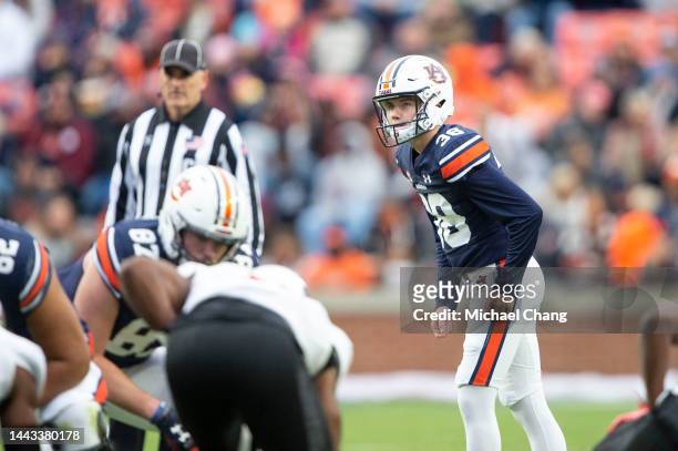 Place kicker Alex McPherson of the Auburn Tigers looks to kick a field goal during their game against the Western Kentucky Hilltoppers at Jordan-Hare...