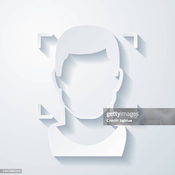 gesichtserkennung beim mann. symbol mit papierschnitteffekt auf leerem hintergrund - digitale authentifizierung stock-grafiken, -clipart, -cartoons und -symbole