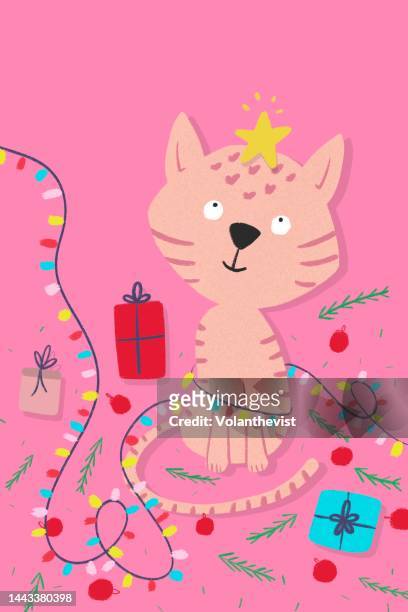 cute cat with christmas presents and destroyed christmas tree minimal illustration - christmas cute stock pictures, royalty-free photos & images