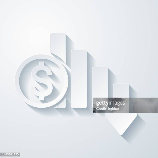 ilustrações de stock, clip art, desenhos animados e ícones de dollar rate decrease. icon with paper cut effect on blank background - taxa de câmbio