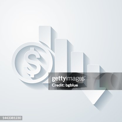 Dollar rate decrease. Icon with paper cut effect on blank background Dollar rate decrease. Icon with paper cut effect on blank background