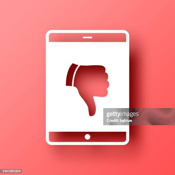 tablet pc with thumbs down. icon on red background with shadow - error screen stock illustrations