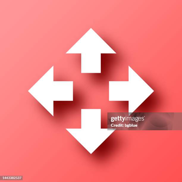 arrows in four directions. icon on red background with shadow - crossroad stock illustrations