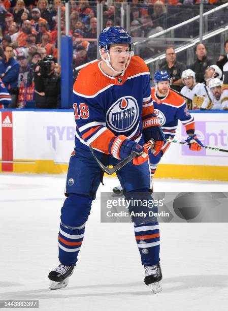 Zach Hyman of the Edmonton Oilers skates during the game against the Vegas Golden Knights on November 19, 2022 at Rogers Place in Edmonton, Alberta,...