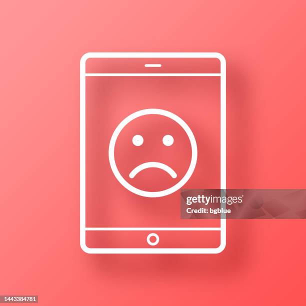 stockillustraties, clipart, cartoons en iconen met tablet pc with sad emoji. icon on red background with shadow - disappointing phone