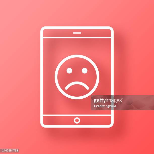 ilustrações, clipart, desenhos animados e ícones de tablet pc com emoji triste. ícone no fundo vermelho com sombra - disappointing phone