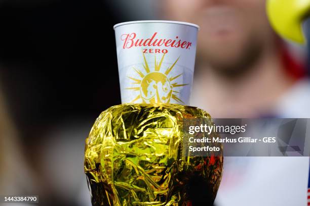 Official Sponsor of the Championships Budweiser offers non alcoholic beer during the FIFA World Cup Qatar 2022 Group B match between USA and Wales at...