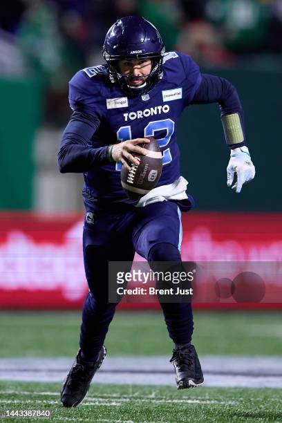 Chad Kelly of the Toronto Argonauts scrambles with the ball in the 109th Grey Cup game between the Toronto Argonauts and Winnipeg Blue Bombers at...
