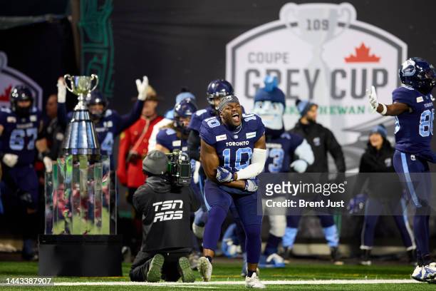 Henoc Muamba of the Toronto Argonauts takes the field for the 109th Grey Cup game between the Toronto Argonauts and Winnipeg Blue Bombers at Mosaic...