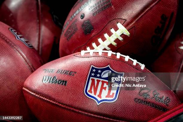 Wilson brand footballs with the NFL logo are pictured during the game between the Buffalo Bills and Cleveland Browns at Ford Field on November 20,...