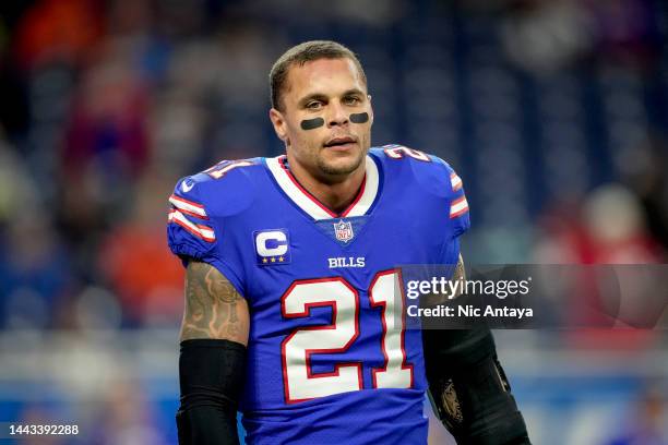 Jordan Poyer of the Buffalo Bills looks on before the game against the Cleveland Browns at Ford Field on November 20, 2022 in Detroit, Michigan.
