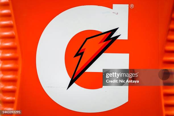 The Gatorade logo is pictured during the game between the Buffalo Bills and Cleveland Browns at Ford Field on November 20, 2022 in Detroit, Michigan.