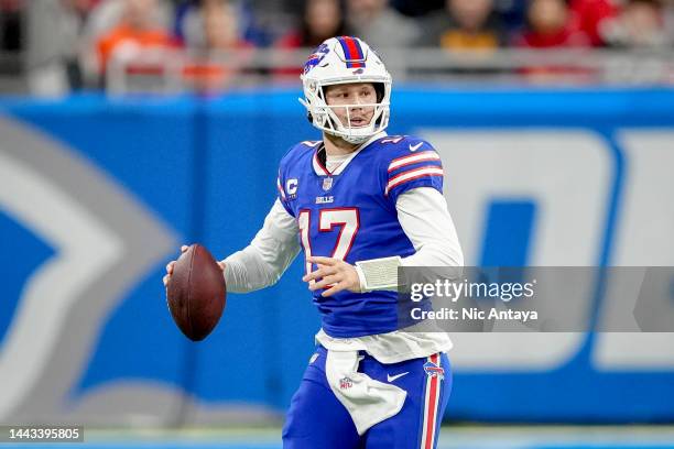 Josh Allen of the Buffalo Bills runs in action against the Cleveland Browns at Ford Field on November 20, 2022 in Detroit, Michigan.