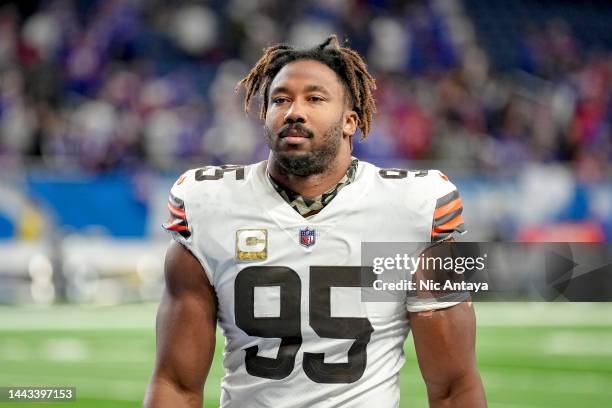 Myles Garrett of the Cleveland Browns looks on against the Buffalo Bills at Ford Field on November 20, 2022 in Detroit, Michigan.