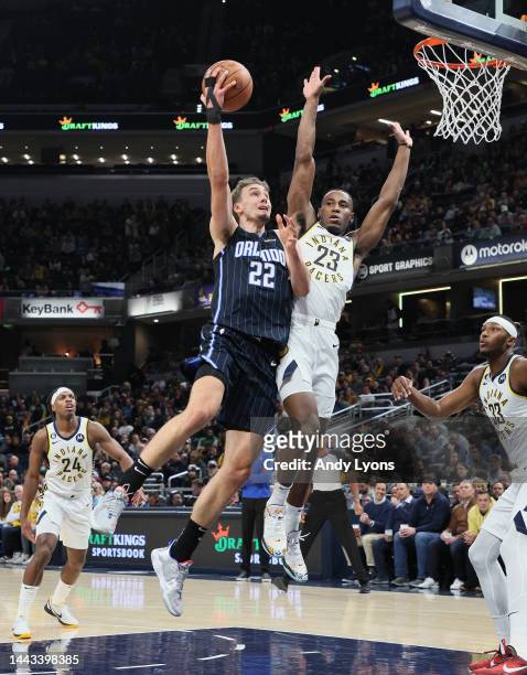 Franz Wagner of the Orlando Magic shoots the ball against the Indiana Pacers at Gainbridge Fieldhouse on November 21, 2022 in Indianapolis, Indiana....