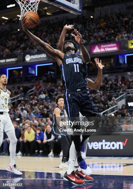 Mo Bamba of the Orlando Magic shoots the ball against the Indiana Pacers at Gainbridge Fieldhouse on November 21, 2022 in Indianapolis, Indiana. NOTE...