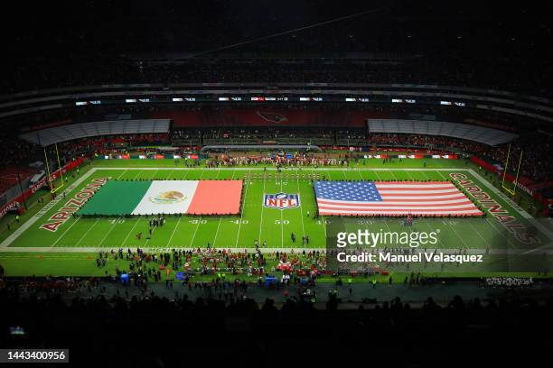 General view during the national anthem prior to a game between the San Francisco 49ers and Arizona Cardinals at Estadio Azteca on November 21, 2022...