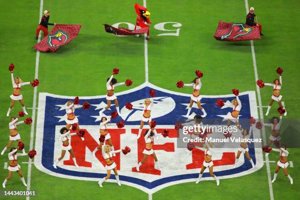 The Arizona Cardinals cheerleaders perform prior to a game against the San Francisco 49ers at Estadio Azteca on November 21, 2022 in Mexico City,...