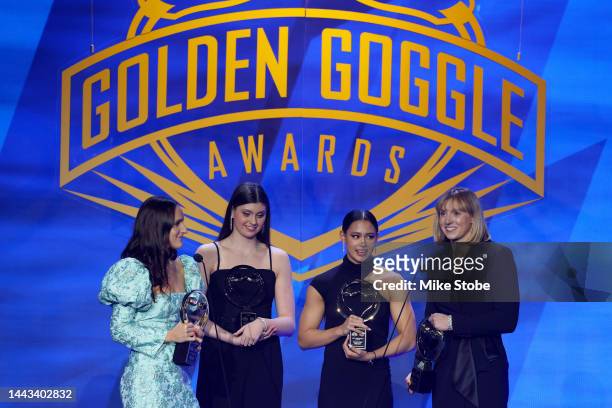 Swimmers Leah Smith, Claire Weinstein, Bella Sims and Katie Ledecky speak after receiving the Relay Performance of the Year award during the 2022...