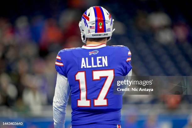 Detail is pictured of the back of Josh Allen of the Buffalo Bills as he looks on before the game against the Cleveland Browns at Ford Field on...