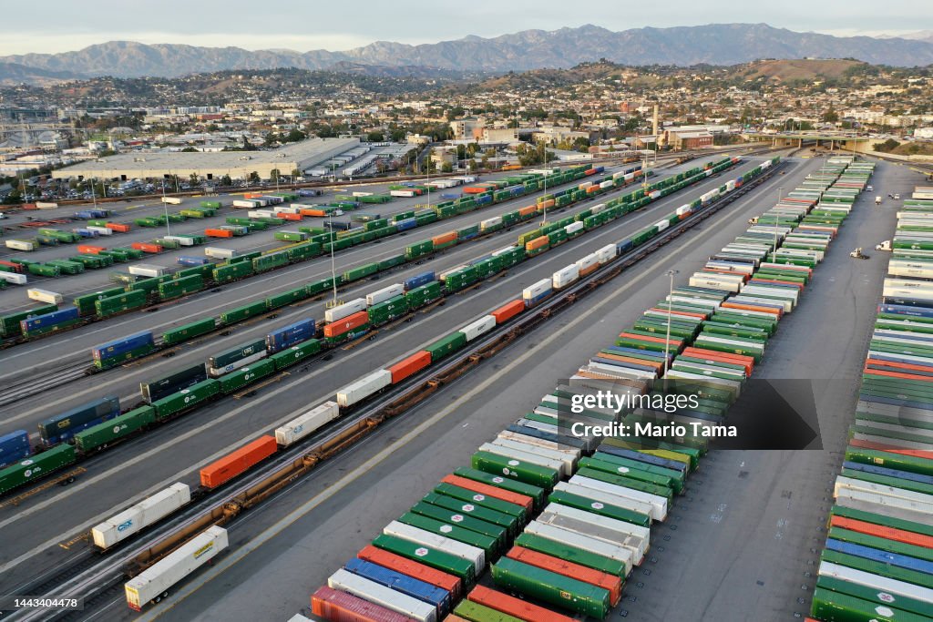Congan Rails In an aerial view, shipping containers and rail cars sit in a Union ...