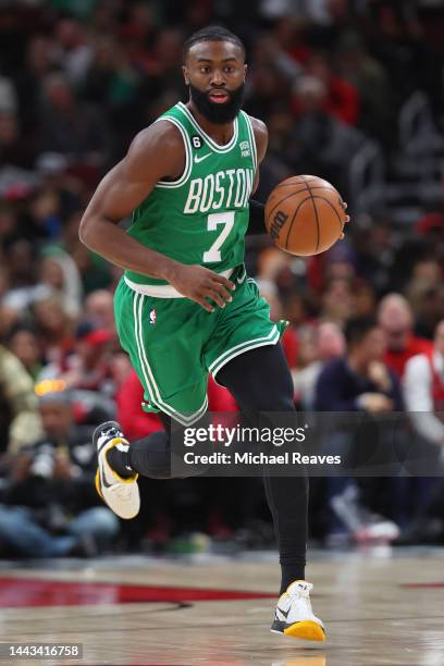 Jaylen Brown of the Boston Celtics dribbles up the court against the Chicago Bulls during the first half at United Center on November 21, 2022 in...