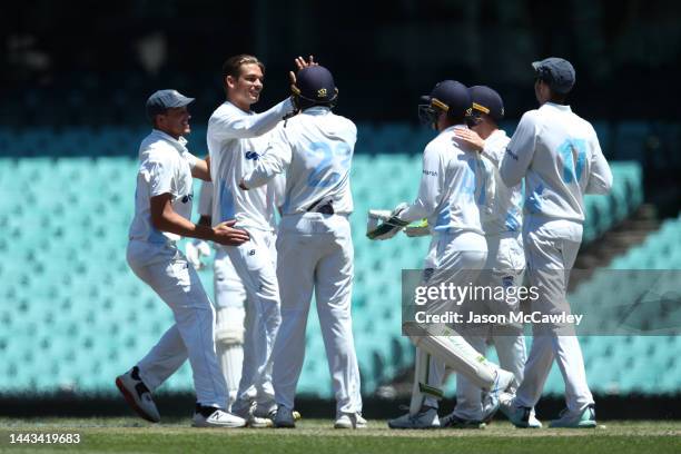 Chris Green of the Blues celebrates after taking the wicket of Hilton Cartwright of Western Australia during the Sheffield Shield match between New...