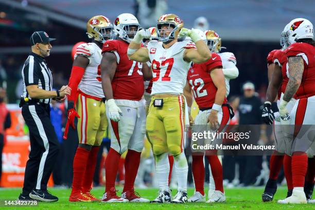 Nick Bosa of the San Francisco 49ers reacts after a sack against the Arizona Cardinals during the first half at Estadio Azteca on November 21, 2022...