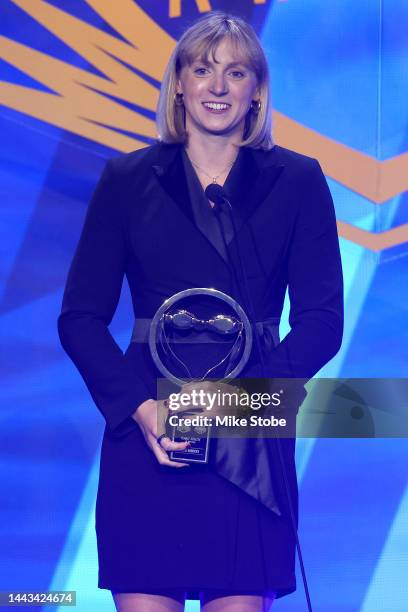 Swimmer Katie Ledecky speaks after receiving the Female Athlete of the Year award during the 2022 Golden Goggle Awards at the Marriott Marquis on...