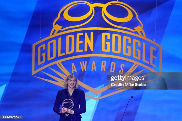 Swimmer Katie Ledecky speaks after receiving the Female Athlete of the Year award during the 2022 Golden Goggle Awards at the Marriott Marquis on...