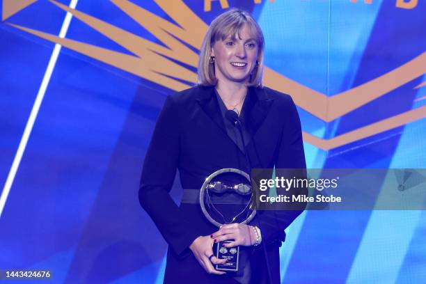 Swimmer Katie Ledecky speaks after receiving the Female Athlete of the Year award during the 2022 Golden Goggle Awards at the Marriott Marquis on...