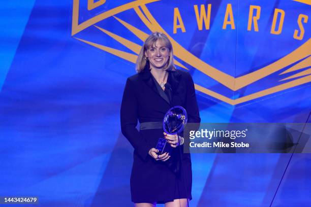 Swimmer Katie Ledecky speaks after receiving the Female Athlete of the Year award during the 2022 Golden Goggle Awards at the Marriott Marquis on...